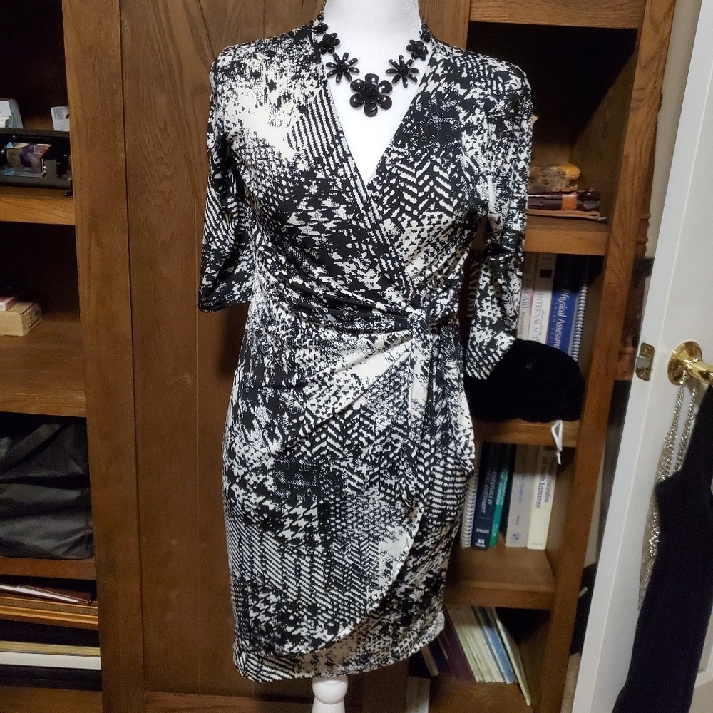 Black and white faux wrap dress